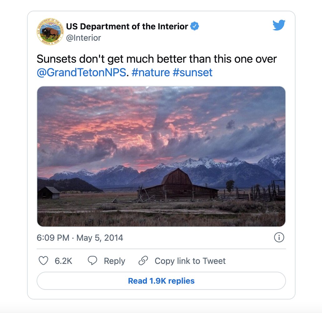 A screenshot of an embedded Tweet with more accessible link colors. The embedded Tweet shows dark blue text, and has the text “Sunsets don't get much better than this one over @GrandTetonNPS. #nature #sunset” from the Twitter user @interior with the scree name US Department of the Interior.