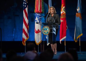 Secretary of the Army, Christine Wormuth, delivers remarks during a Medal of Honor ceremony for recipients Army Sergeant First Class Alwyn Cashe, Army Sergeant First Class Christopher Celiz, and Army Master Sergeant Earl D. Plumlee on Fort Myer, Va., Dec. 17, 2021.