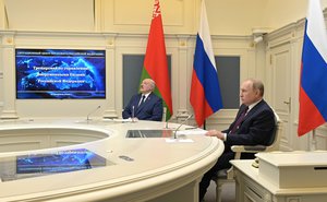 File - Vladimir Putin and President of Belarus Alexander Lukashenko observe strategic deterrence forces exercise in the Kremlin’s situation room