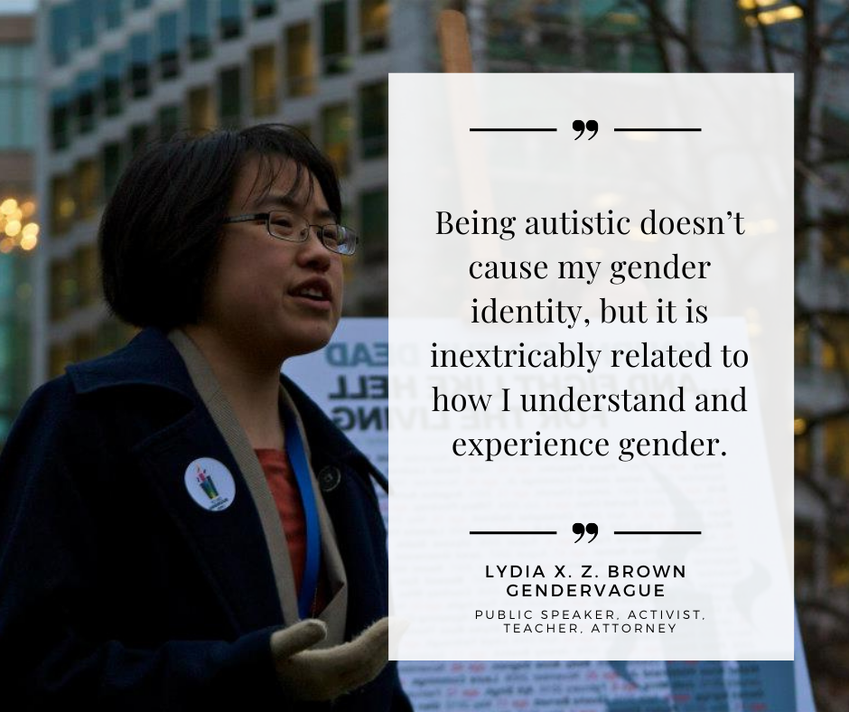 ezgender:
“[”Being autistic doesn’t cause my gender identity, but it is inextricably related to how I understand and experience gender.” - Lydia X. Z. Brown on being gendervague. ]”