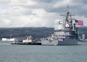 PEARL HARBOR (April 27, 2021) The Ticonderoga-class guided-missile cruiser USS Port Royal (CG 73) returns to Joint Base Pearl Harbor-Hickam from a deployment, April 27, 2021.