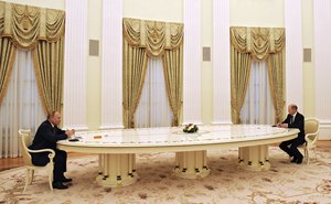 Federal Chancellor of Germany Olaf Scholz at a meeting with President of Russia Vladimir Putin in the Kremlin in Moscow.