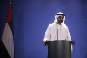 Abu Dhabi's Crown Prince Mohamed Bin Zayed attends a joint statement with German Chancellor Angela Merkel prior to meeting at the chancellery in Berlin, Germany, Wednesday, June 12, 2019.