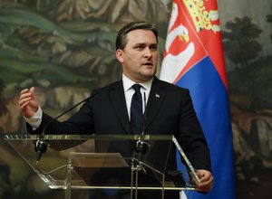 Serbian Foreign Minister Nikola Selakovic gestures during a joint news conference with Russian Foreign Minister Sergey Lavrov following their talks in Moscow, Russia, Friday, April 16, 2021.