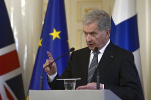 FILE - Finland's President Sauli Niinisto makes a point during a joint press conference with British Prime Minister Boris Johnson, at the Presidential Palace in Helsinki, Finland, Wednesday, May 11, 2022.