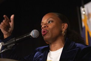 State Rep. Summer Lee, who is seeking the Democratic Party nomination for Pennsylvania’s 12th District U.S. Congressional district, speaks to supporters before being endorsed by Sen. Bernie Sanders, I-Vt., during a campaign stop in Pittsburgh, Thursday, May 12, 2022.