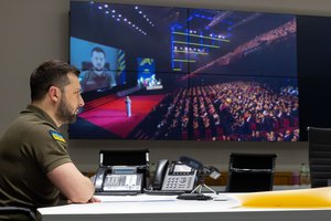 Ukrainian President Volodymyr Zelensky addresses the filmmaking community at the opening of the 75th Cannes International Film Festival, 17 May, 2022.