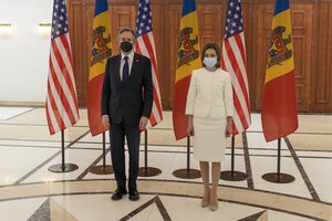 U.S. Secretary of State Antony J. Blinken meets with Moldovan President Maia Sandu and Moldovan Foreign Minister Nicu Popescu in Chisinau, Moldova on March 6, 2022.