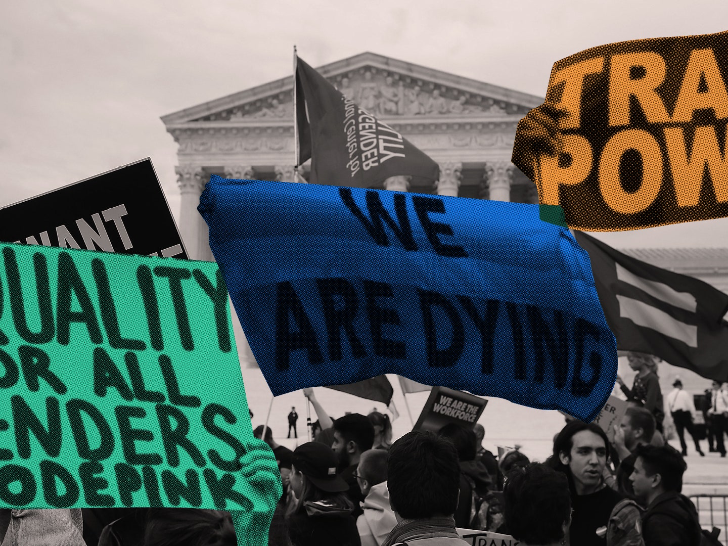 Various protest banners and signs over a photo of a protest at the Supreme Court.