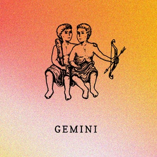 A Gemini symbol (twins) over an orange and yellow backdrop.