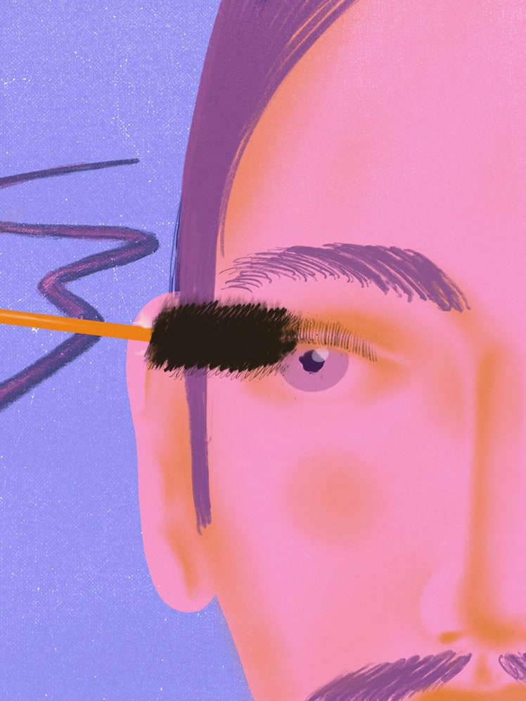 Illustration of a mustachioed person applying mascara.