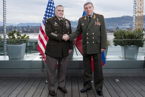 Gen. Mark A. Milley meets with Chief of the Russian General Staff Gen. Valery Gerasimov in Bern, Switzerland