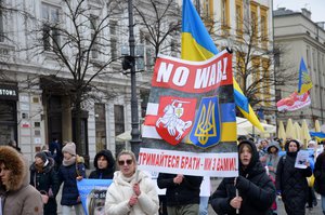 File - Refugees from Ukraine in Kraków, Poland, demonstrate against the Russian invasion and subsequent war.