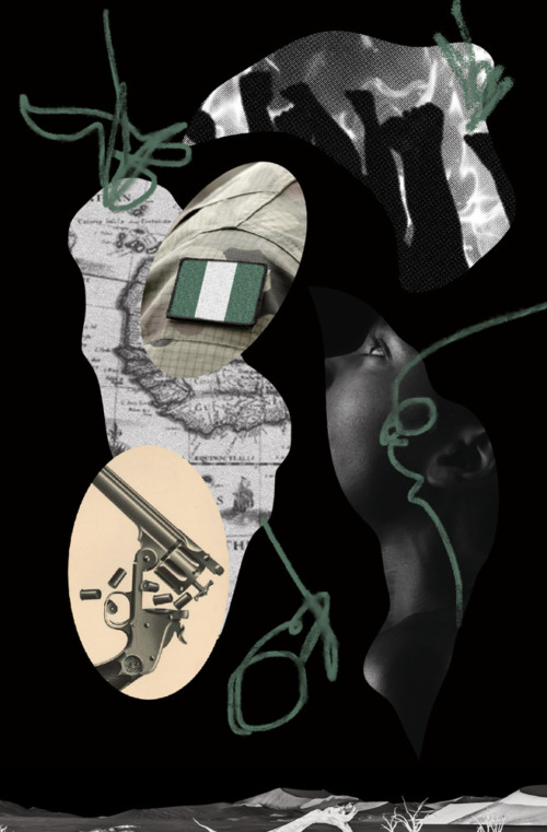 A collage of several images cut into abstract shapes: part of a map of Africa, a young Black woman's profile, fists raised, a revolver