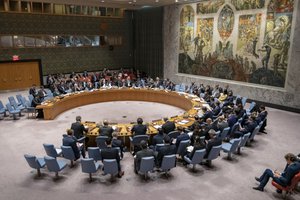 Secretary Michael R. Pompeo addresses the UN Security Council meeting on Iran at the United Nations, in New York City on December 12, 2018.