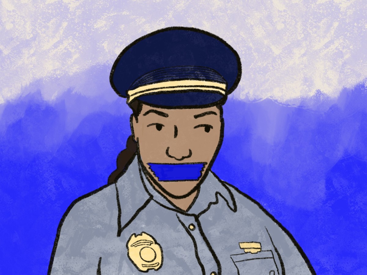 An illustration shows a police officer whose mouth is taped shut with blue tape.