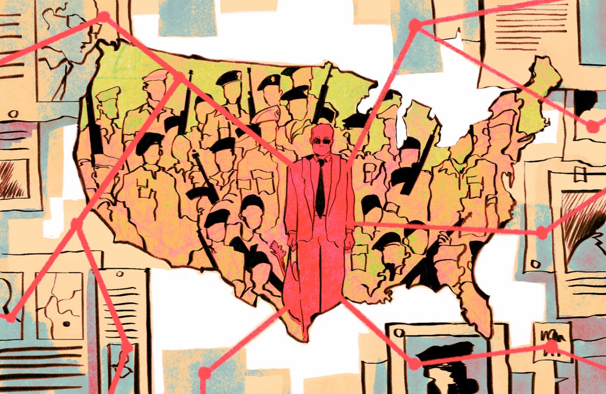 an illustration shows a man in red in the middle of the united states. Lines connect to him.