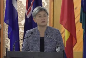 In this image taken from video, Australian Foreign Minister Penny Wong speaks during a keynote address at the Pacific Islands Forum Secretariat, Thursday, May 26, 2022, in Suva, Fiji.