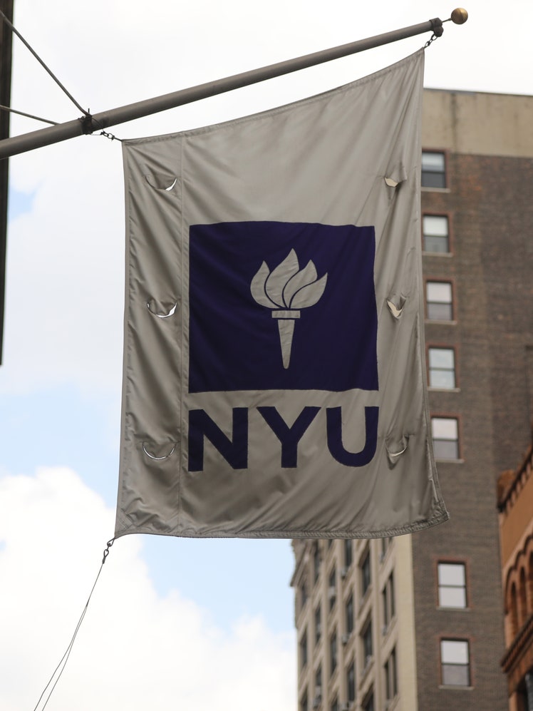 A New York University  flag flies outside a Covid19 test tent outside of the NYU business school on August 25 2020 in...