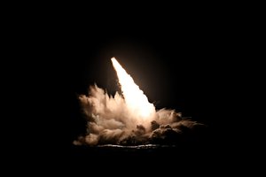 File - An unarmed Trident II D5 missile (ICBM) launches from the Ohio-class ballistic missile submarine USS Nebraska (SSBN 739) off the coast of San Diego, California, Sept. 4, 2019.