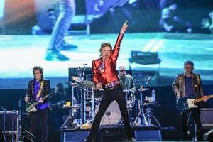 Mick Jagger, centre, Ronnie Wood, left, and Keith Richards, right, of the band the Rolling Stones, perform during their Sixty Stones Europe 2022 tour at the Wanda Metropolitano stadium in Madrid, Spain, Wednesday, June 1, 2022.