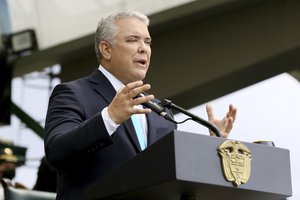 Colombia's President Ivan Duque speaks during a military parade celebrating the country's 211 years of independence from Spain, at the General Jose Maria Cordoba Military School for Cadets in Bogota, Colombia, Tuesday, July 20, 2021