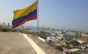 Colombia flag on building.