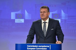 European Commissioner for Inter-institutional Relations and Foresight Maros Sefcovic speaks during a media conference at EU headquarters in Brussels, Wednesday, June 15, 2022