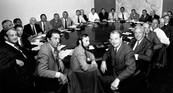 Moses Henry Cass MP (bearded man in centre) in Gough Whitlam's 1972 ministry (Image: Supplied)