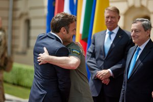 Meeting of the President of Ukraine (Volodymyr Zelensky) with the Presidents of France (Emmanuel Macron) and Romania, the Chancellor of Germany and the Prime Minister of Italy, Kyiv, Ukraine, 16 June, 2022.