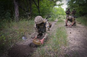 Soldiers of Ukraine's special operations unit lay anti-tank mines on a forest road on the Russian troops' potential way in the Donetsk region, Ukraine, late Tuesday, June 14, 2022.