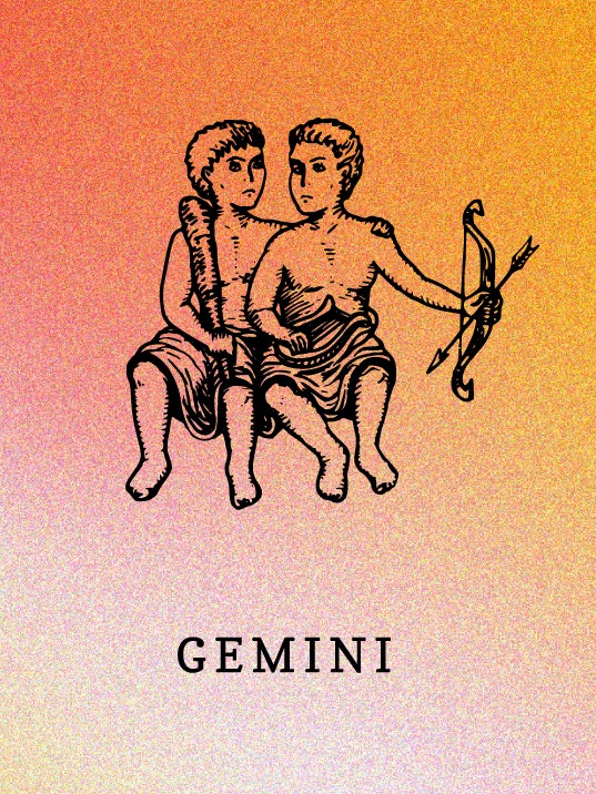 A Gemini symbol  over an orange and yellow backdrop.