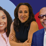 Headshots of the three journalists featured in the article, collaged together in front of a red and blue background. 