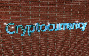 Cryptocurrency pattern with script neon light on brick wall