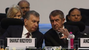 Uzbekistan President Shavkat Mirziyoyev, left talks with Prime Minister of the Czech Republic Andrej Babis during the inauguration of the 9th Vibrant Gujarat Global Summit (VGGS) in Gandhinagar, India, Friday, Jan. 18, 2019.