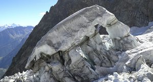 This image taken from a video shows an aerial view of part of the Planpincieux Glacier, which lies under a massif of Mont Blanc, located in the Alps, Friday, Aug. 7, 2020.