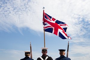 National Capital Region Joint Color Guard troops stand in formation awaiting the arrival of UK senior military leaders, at the National Defense University in Washington, D.C.