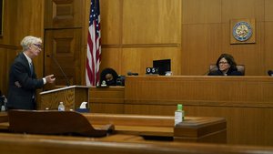 Attorney Rob McDuff, an attorney representing the Jackson Women's Health Organization, argues on behalf of the state's only abortion clinic, for a lawsuit that would allow them to remain open by blocking a law that would ban most abortions in the state, before Special Chancellor Debbra K. Halford, right, in Hinds County Chancery Court, Tuesday, July 5, 2022, in Jackson, Miss.