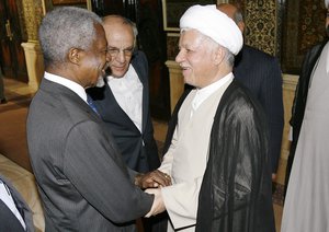 File - Secretary General of the United Nations Kofi Annan meets with the chairman of the Expedience council and former president Mr Akbar Hashemi Rafsanjani at the foreign ministry in Tehran, Iran, 2 September, 2006.