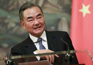 In this photo released by Russian Foreign Ministry, Chinese Foreign Minister Wang Yi, speaks to the media during his and Russian Foreign Minister Sergey Lavrov joint news conference following their talks in Moscow, Russia, Friday, Sept. 11, 2020.