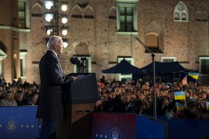 Image showing President Joe Biden delivers remarks on the war in Ukraine, Saturday, March 26, 2022, at the Royal Castel in Warsaw.