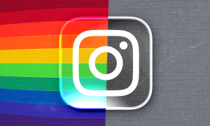 The Instagram logo with a rainbow on one side and grey on the other 