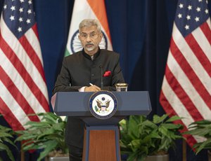 Indian Minister of External Affairs Dr. S. Jaishankar, Secretary of State Antony J. Blinken holds a joint press availability with Secretary of Defense Lloyd Austin, and Indian Minister of Defense Rajnath Singh at the Department of State in Washington, D.C., on April 11, 2022.