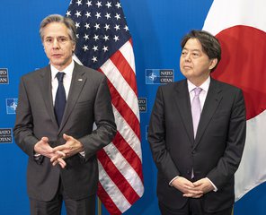 Secretary of State Antony J. Blinken meets with Japanese Foreign Minister Yoshimasa Hayashi on April 7, 2022 in Brussels, Belgium.