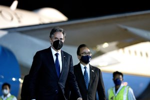 US Secretary of State Antony Blinken disembarks his airplane at Bangkok Don Mueang International Airport in Bangkok, Thailand, Saturday, July 9, 2022.