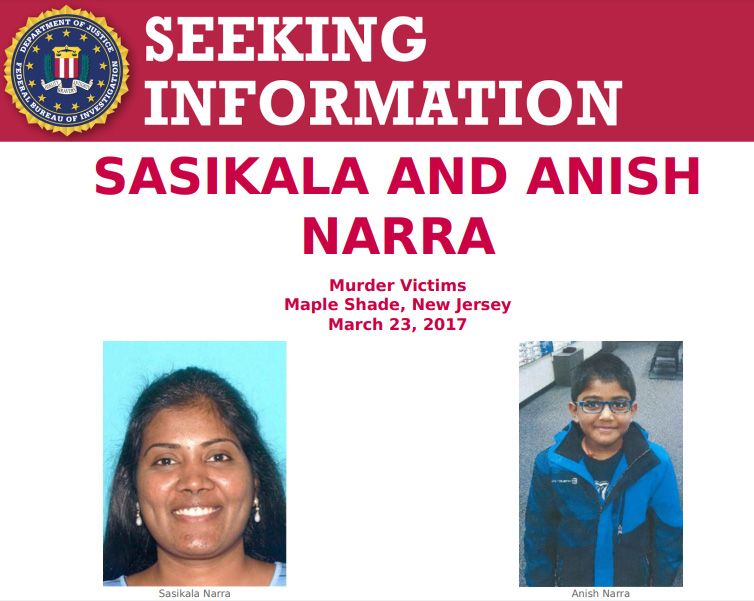 This image is a screenshot of an FBI "Seeking Information" poster about the murders of Sasikala and Anish Narra.