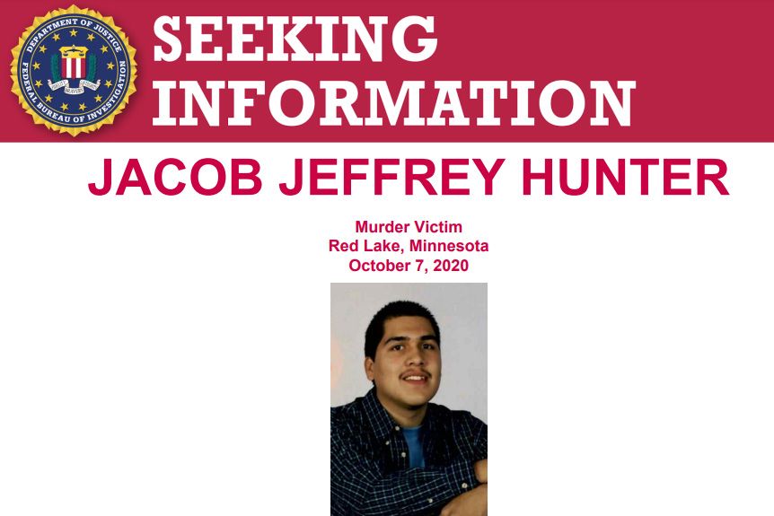 This image is a screenshot of an FBI "Seeking Information" poster about the murder of Jacob Jeffrey Hunter.