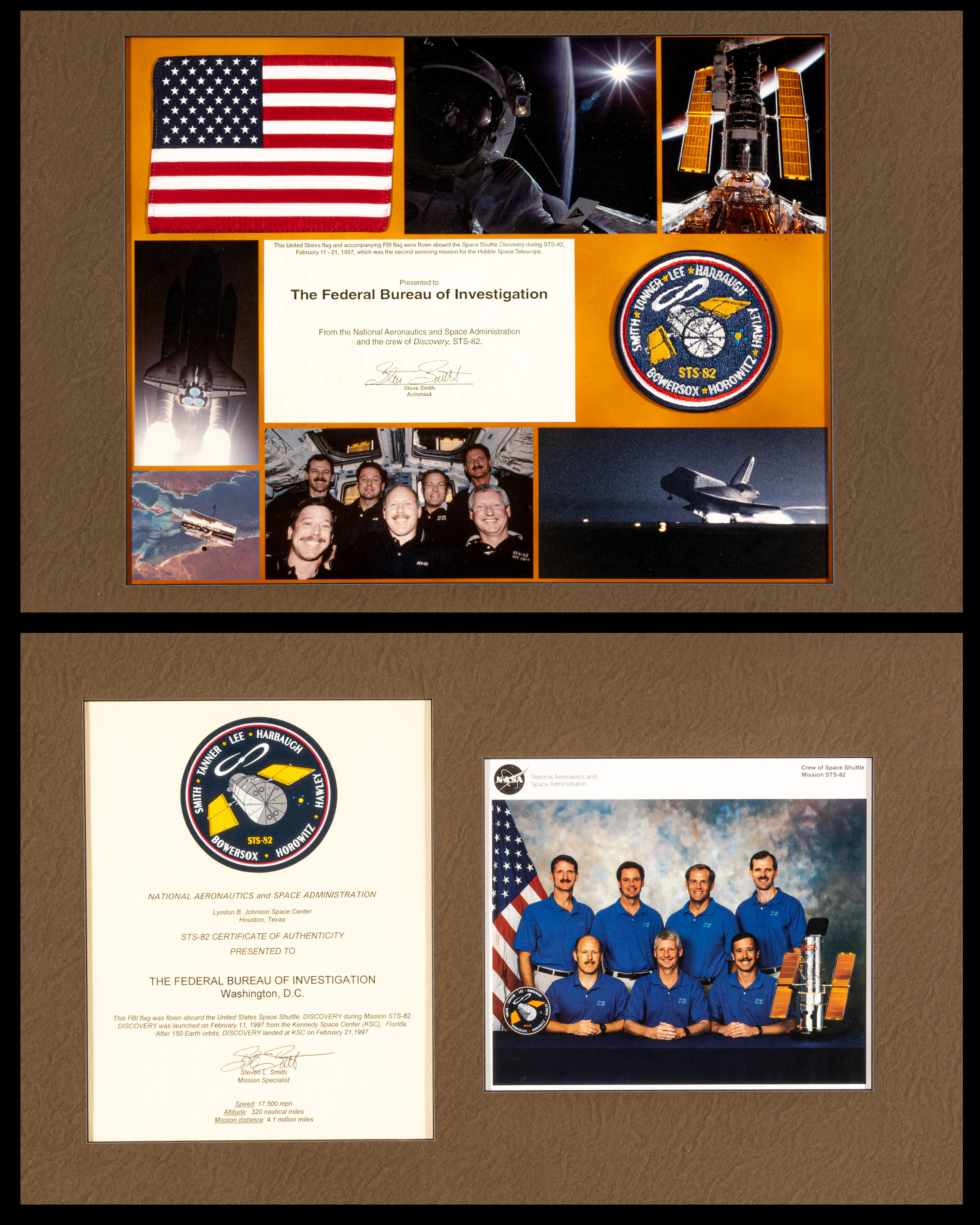 Two framed collages from the flight accompany a certificate of authenticity for the flag. Included is a U.S. flag patch that was also flown aboard the Space Shuttle Discovery during STS-82.