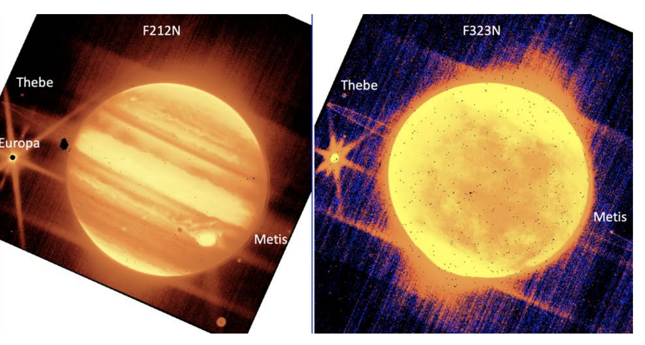 Side by side images of Jupiter in the center, and its moons Europa, Thebe, and Metis are seen through the James Webb Space Telescope’s NIRCam instrument 2.12 micron filter on the left and NIRCam’s 3.23 micron filter. The left image displays Jupiter's bands in an orange hue. The right shows Jupiter as a disk, but its thin rings are more prominent. 