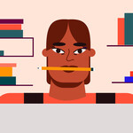 An illustration shows a person with brown skin and brown hair with a pencil in their mouth, bookshelves with blue, purple, yellow, and pink book covers behind them, and a laptop in front of them.